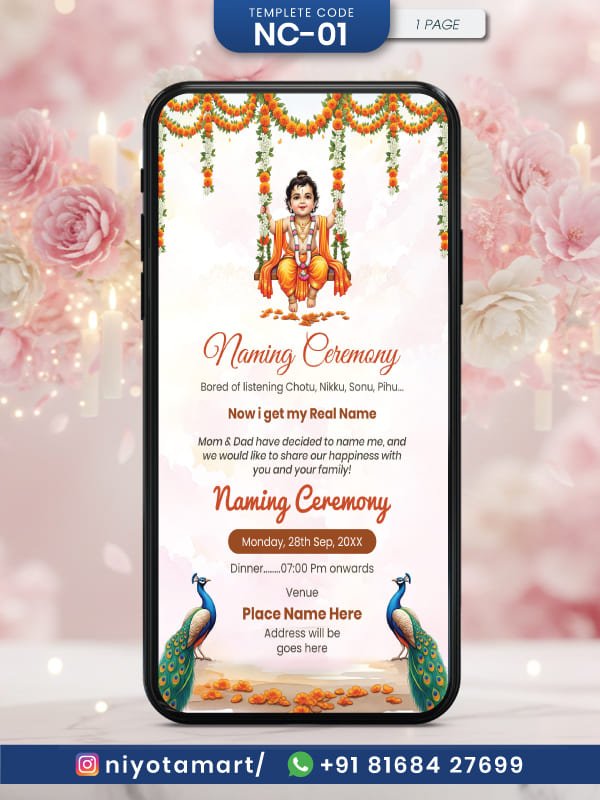 Traditional Hindu Naming Ceremony Invitation | Baby Krishna Theme |NC-01