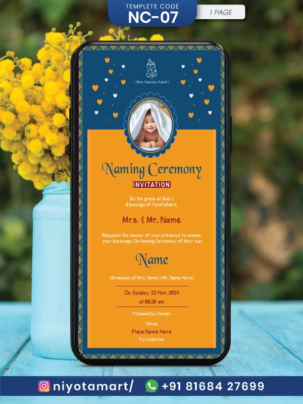 Royal Blue & Mustard Naming Ceremony Digital Invitation | NC-07