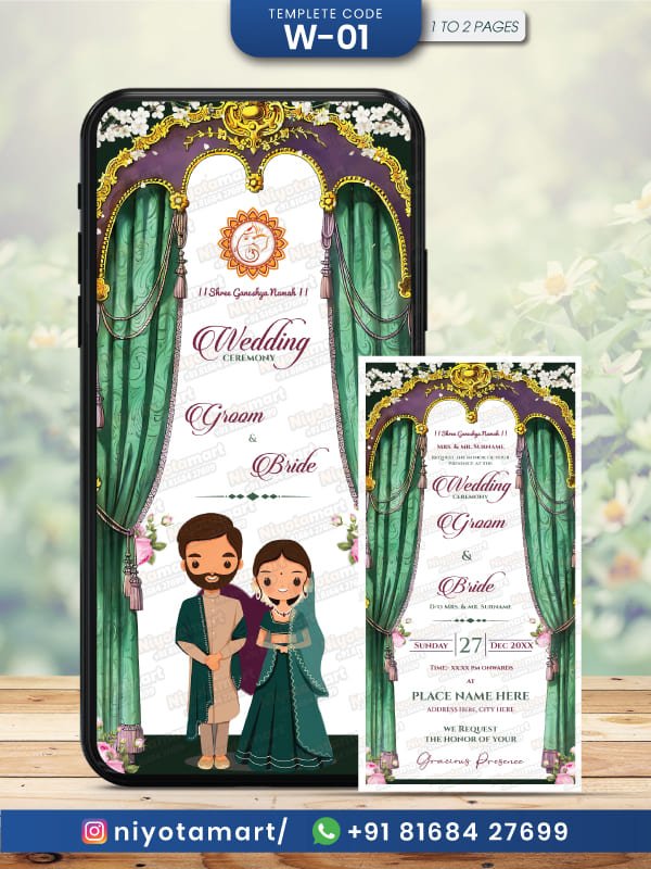 Royal Indian Wedding Invitation Card with Illustrated Bride & Groom – W-01