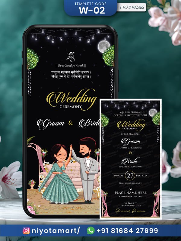 Elegant Night Theme Hindu Wedding Invitation Card with Illustrated | W-02
