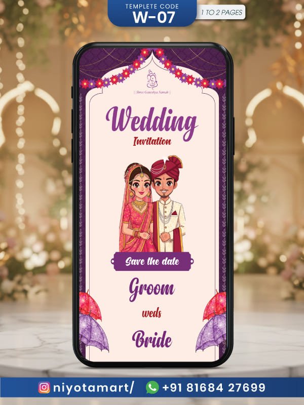 Traditional Couple Illustration Wedding Invitation | Hindu Wedding Card | W-07