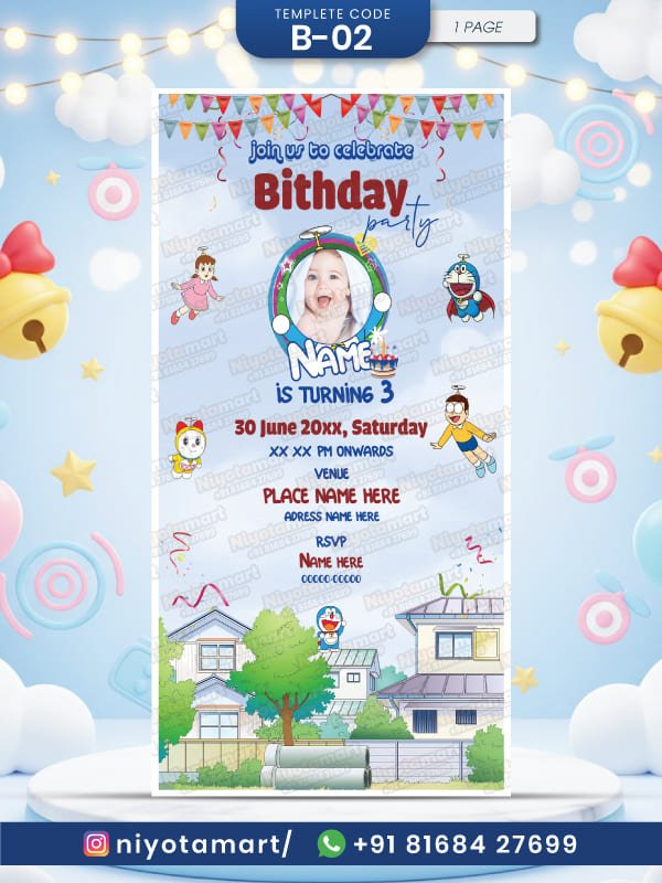 Doraemon Theme 1st Birthday Invitation Card | Cute Cartoon Photo E-Invite | B-02