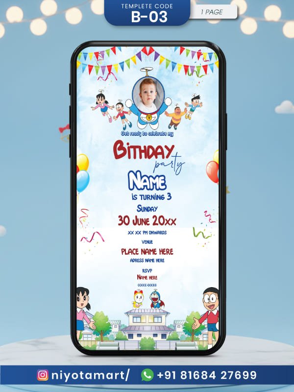 Doraemon Birthday Invitation Card | Cartoon-Themed Party eCard with Photo Slot | B-03