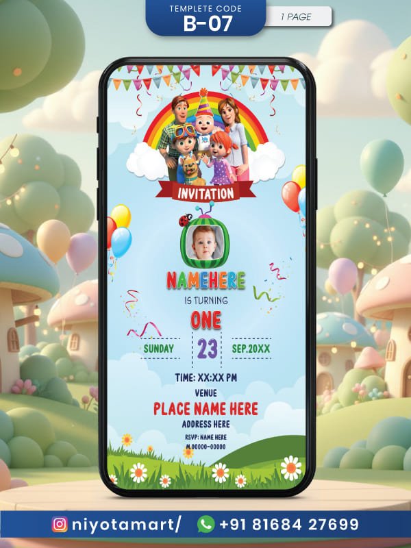 Cocomelon Birthday Invitation e-card | Fun Animated 1st Birthday E-Card | B-07