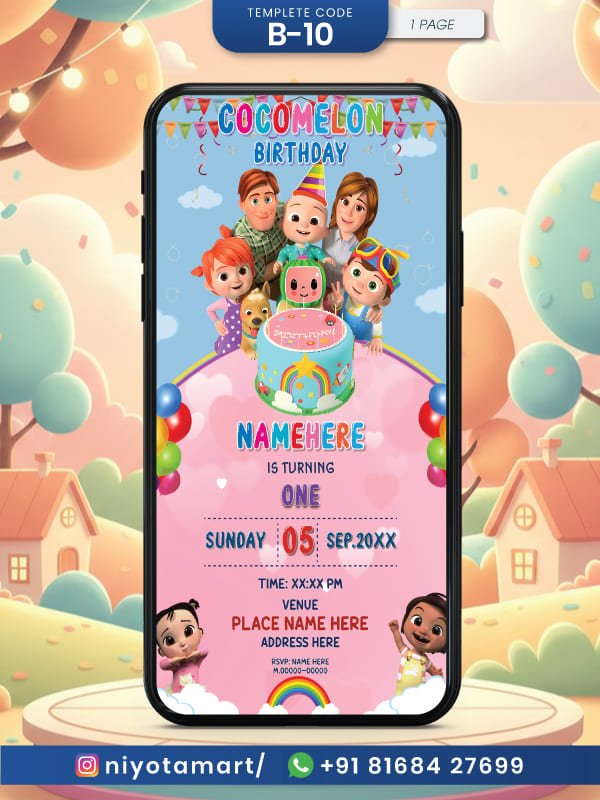 Cocomelon Birthday Invitation | Pink theme Birthday Digital E-Card | B-10