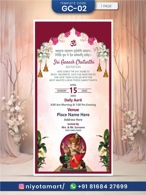 Ganesh Festival Invitation Card | Elegant Green Floral Ganpati E-Invite | GC-02