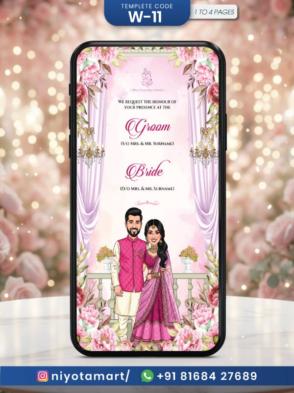 Royal Pink Floral Illustrated Wedding | Hindu Wedding E-Invite| W-11