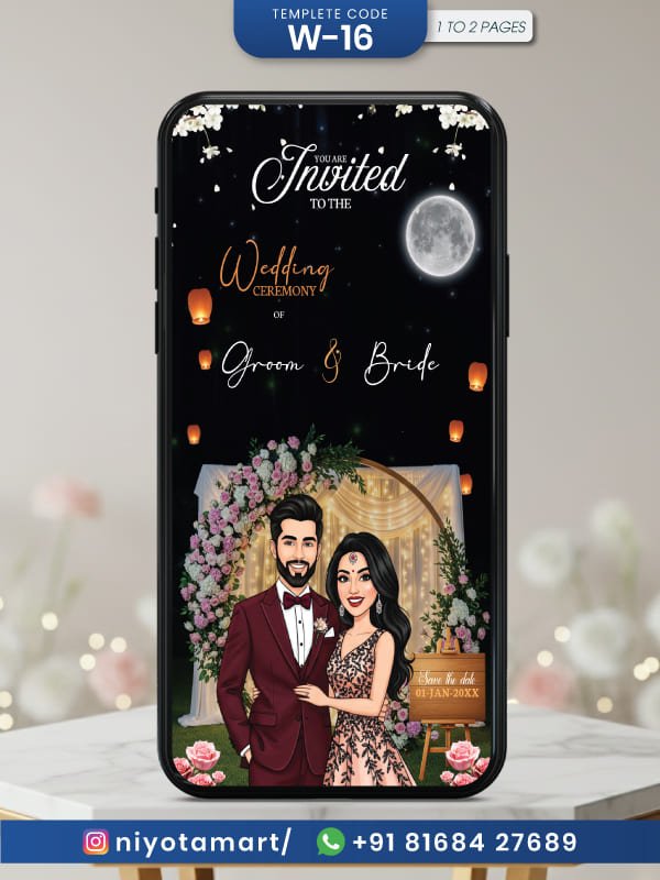 Moonlight Wedding Invitation Card | Romantic Night Wedding E-Invite | W-16