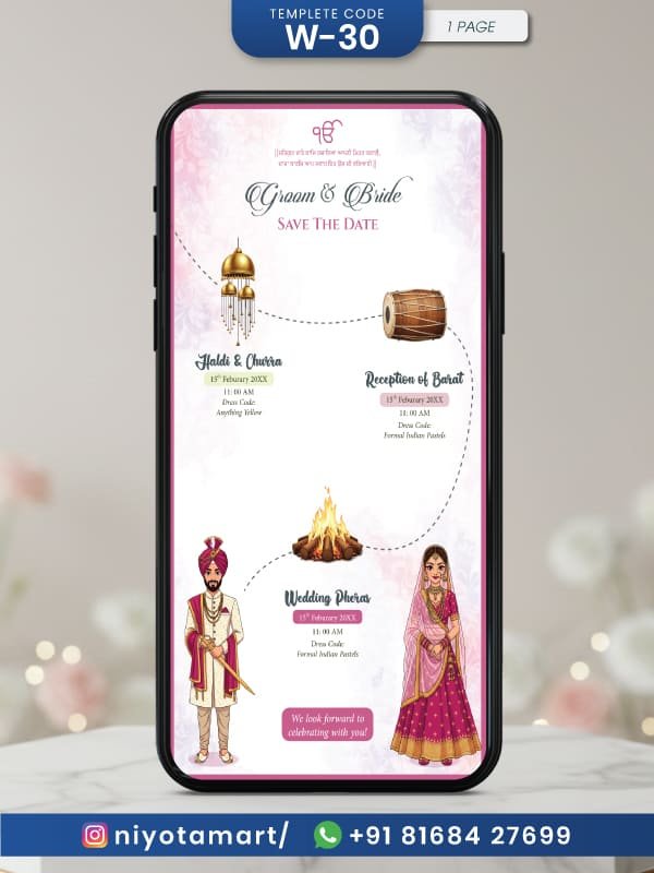 Punjabi Wedding Save The Date Invitation | Haldi Churra & Wedding Phere Card | W-30