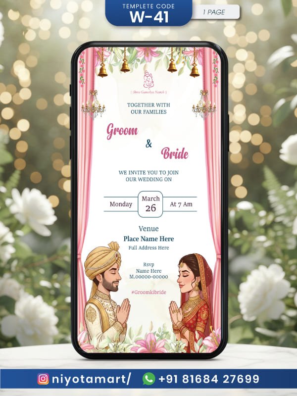 Soft Pink Floral Wedding Invitation Card Design | Indian wedding invitation | W-41
