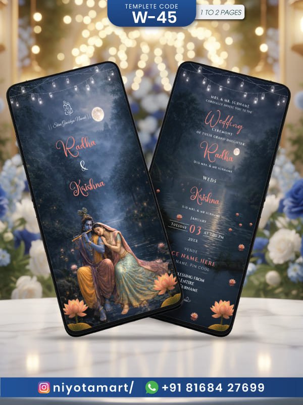 Moonlight Radha Krishna Wedding Invitation | Digital Hindu E-Invite | W-45