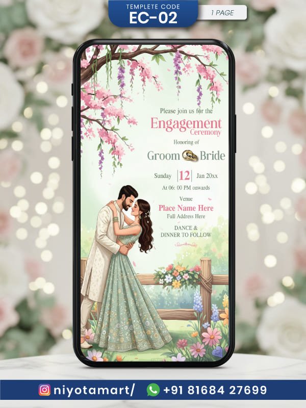Floral Engagement Invitation Card | Romantic Couple Wedding E-Invite | EC-02