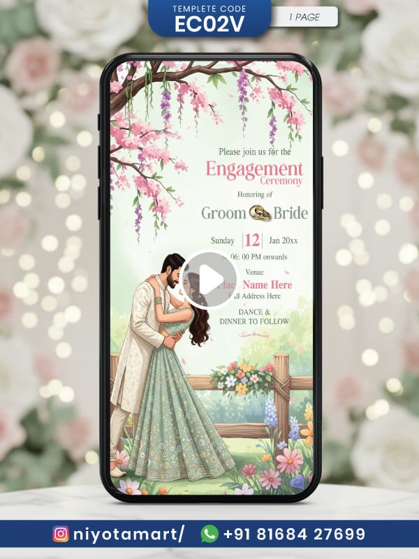 Floral Engagement Video Invitation Card | Romantic Couple Wedding E-Invite | EC02V