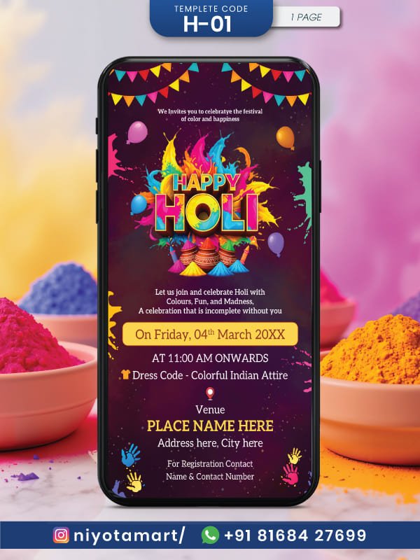 Happy Holi Digital Invitation Card | Colorful Holi Party Invite | H-01