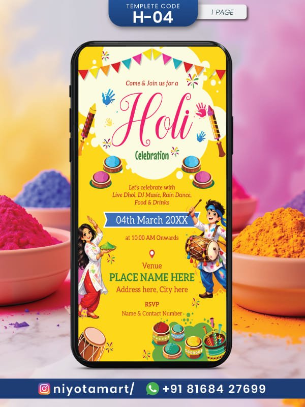Holi Celebration Digital Invitation Card | Yellow Holi Party E-Invite | H-04