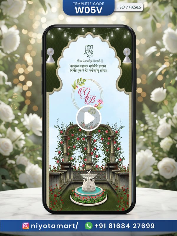 Royal Garden Arch Wedding Video Invitation Card with Fountain Theme | W05V