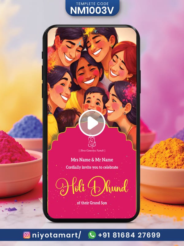 Baby First Holi Digital video Invitation Card | Holi Dhund Ceremony Invite | Code NM1003V